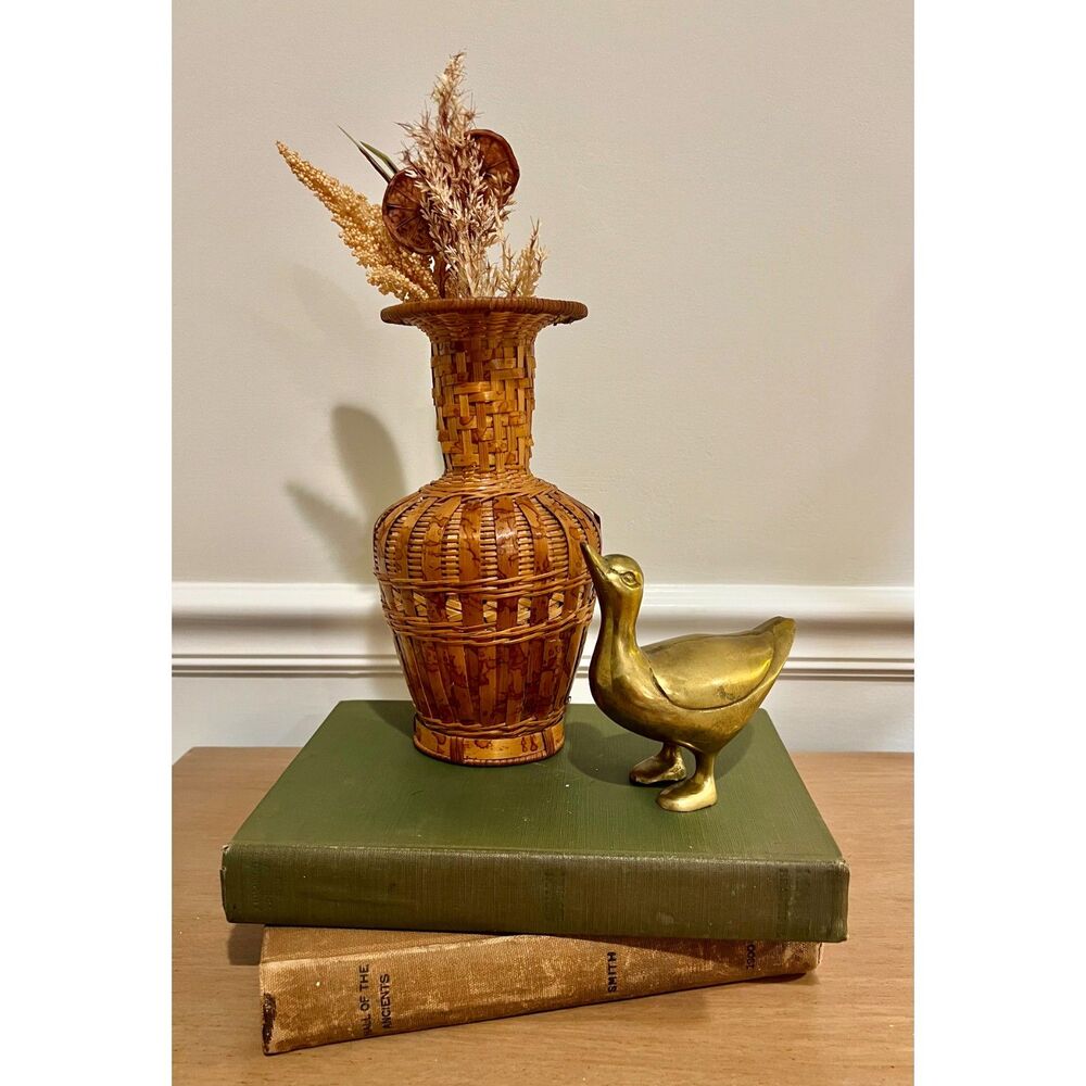 Vintage 70s Woven Wicker Bamboo Vase 9” Boho Rattan Flower Basket Flared Rim